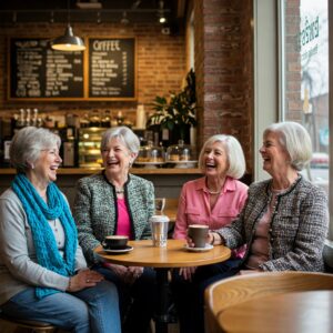 older women enjoying coffee with mushrooms in a cozy cafe
